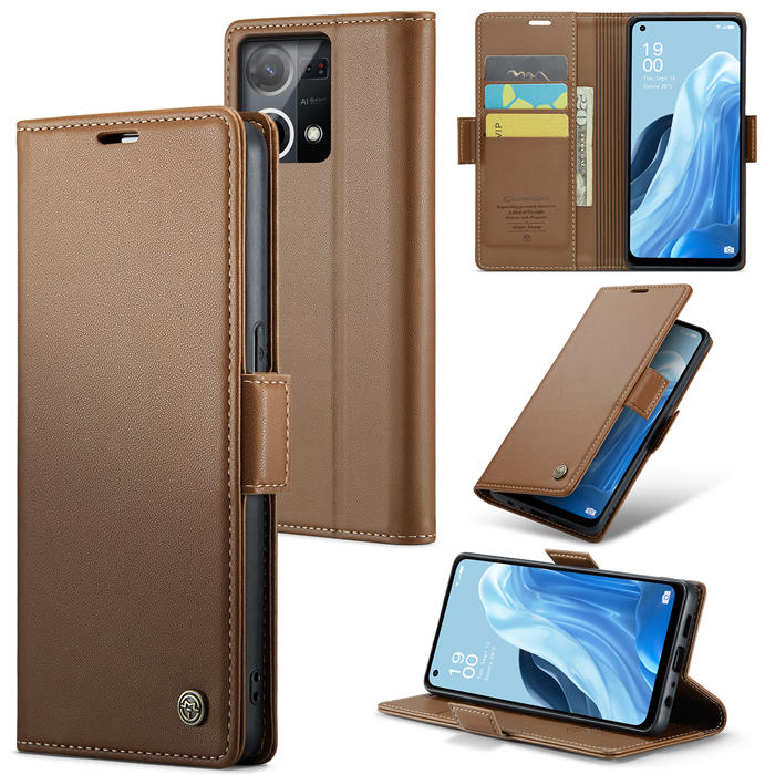 CaseMe OPPO Reno8 4G Wallet RFID Blocking Magnetic Buckle Case Brown - Click Image to Close