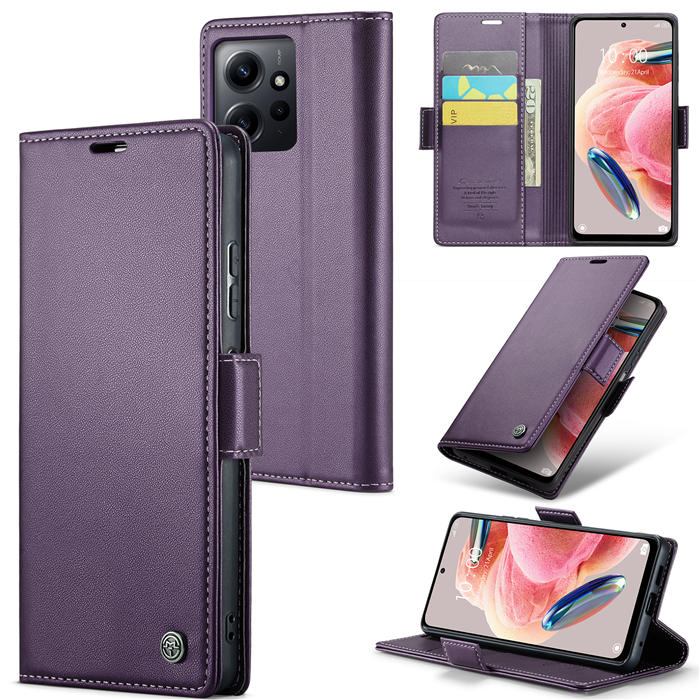 CaseMe Xiaomi Redmi Note 12 4G Wallet RFID Blocking Magnetic Buckle Case Purple - Click Image to Close