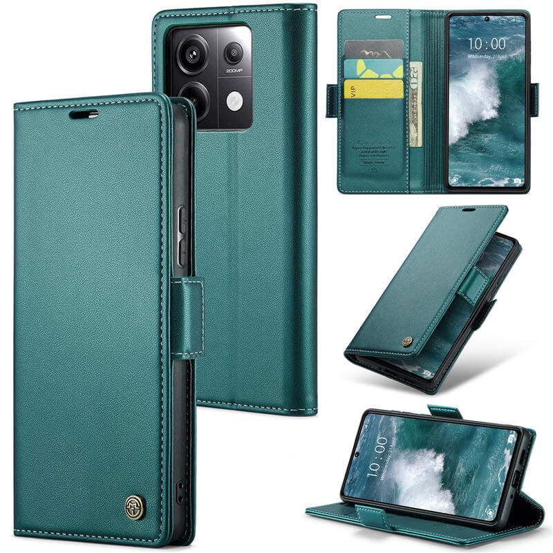 CaseMe Xiaomi Redmi Note 13 Pro 5G Wallet RFID Blocking Magnetic Buckle Case Green - Click Image to Close