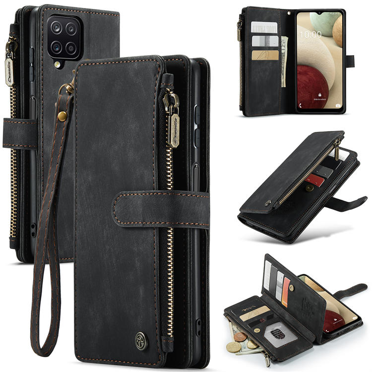 CaseMe Samsung Galaxy A12 Zipper Wallet Kickstand Case Black - Click Image to Close