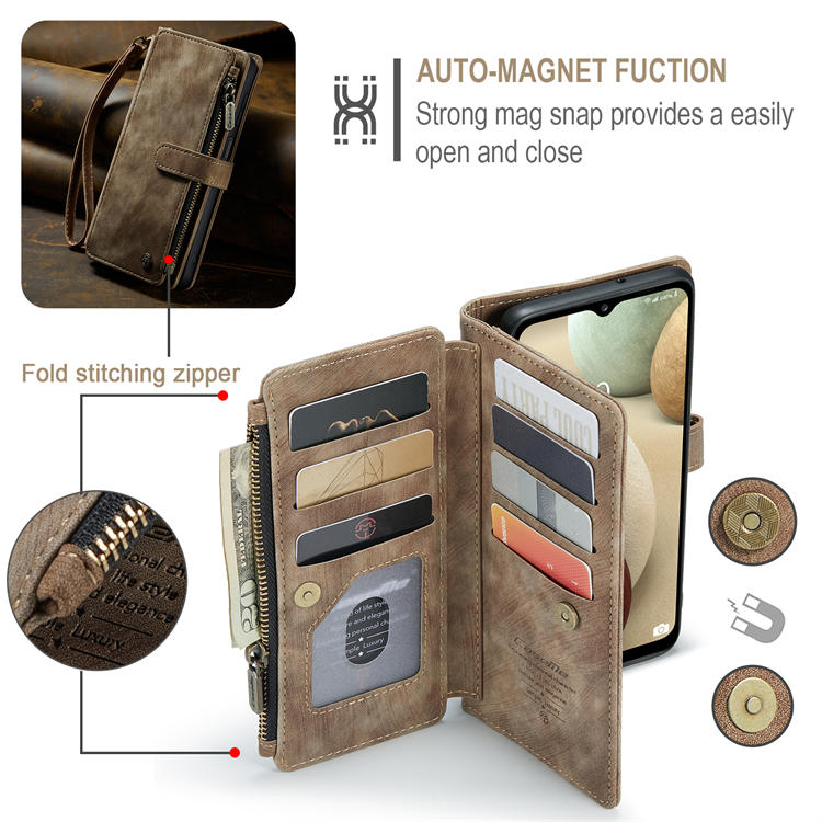 CaseMe Samsung Galaxy A12 Zipper Wallet Kickstand Case Coffee