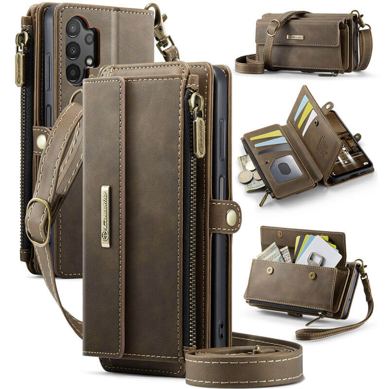 CaseMe Samsung Galaxy A13 4G/5G Wallet Case – RFID Blocking Crossbody Bag with 9 Card Slots Coffee