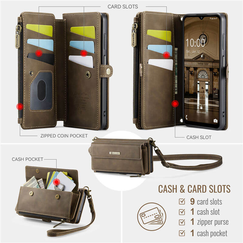 CaseMe Samsung Galaxy A13 4G/5G Wallet Case – RFID Blocking, 9 Card Slots, Crossbody Strap