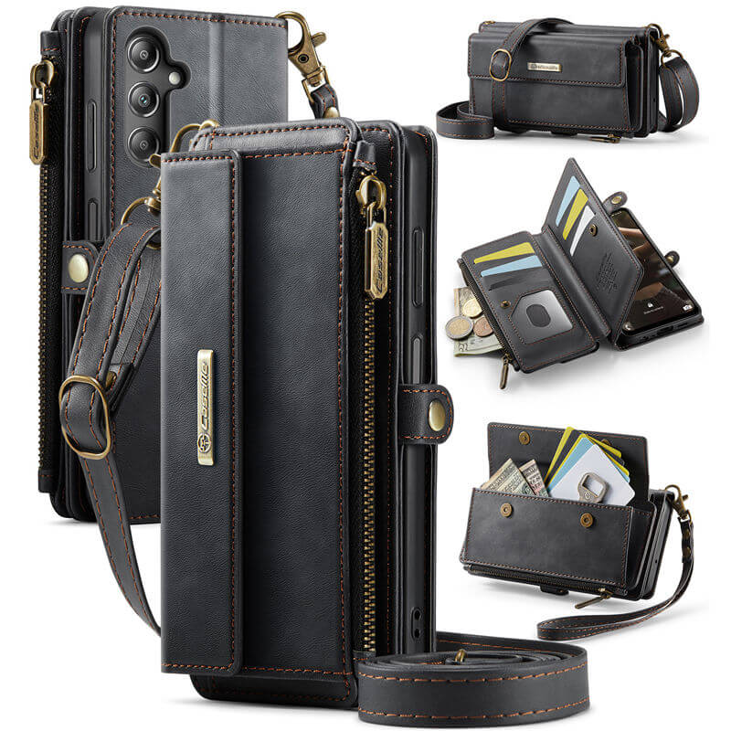CaseMe Samsung Galaxy A14 Wallet Case – RFID Blocking Crossbody Bag with 9 Card Slots Black