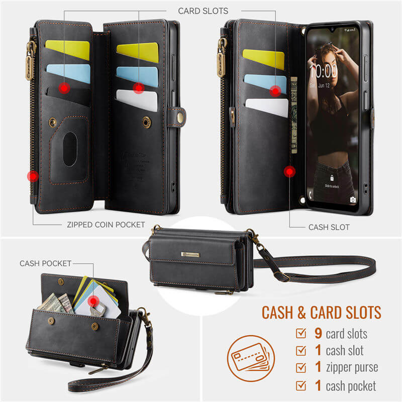 CaseMe Samsung Galaxy A14 Wallet Case – RFID Blocking, 9 Card Slots, Crossbody Strap
