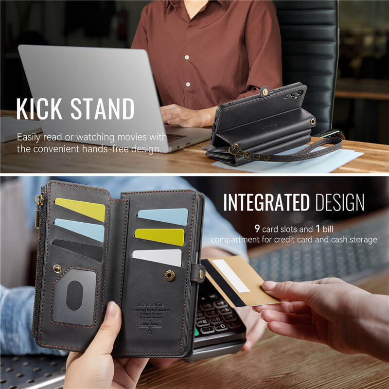 CaseMe Samsung Galaxy A14 Wallet Case – RFID Blocking, 9 Card Slots, Crossbody Strap
