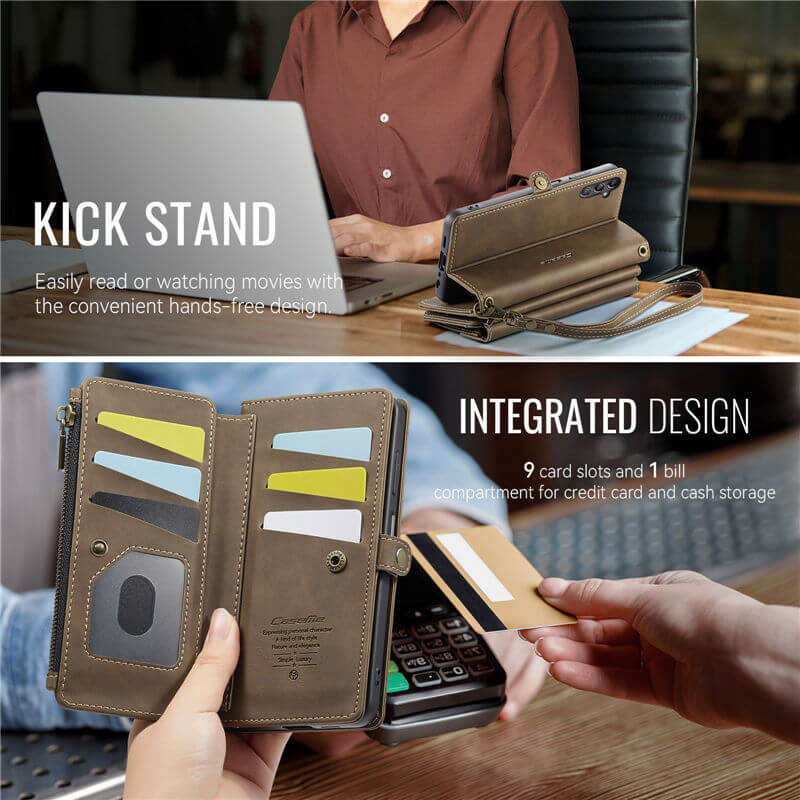 CaseMe Samsung Galaxy A14 Wallet Case – RFID Blocking, 9 Card Slots, Crossbody Strap