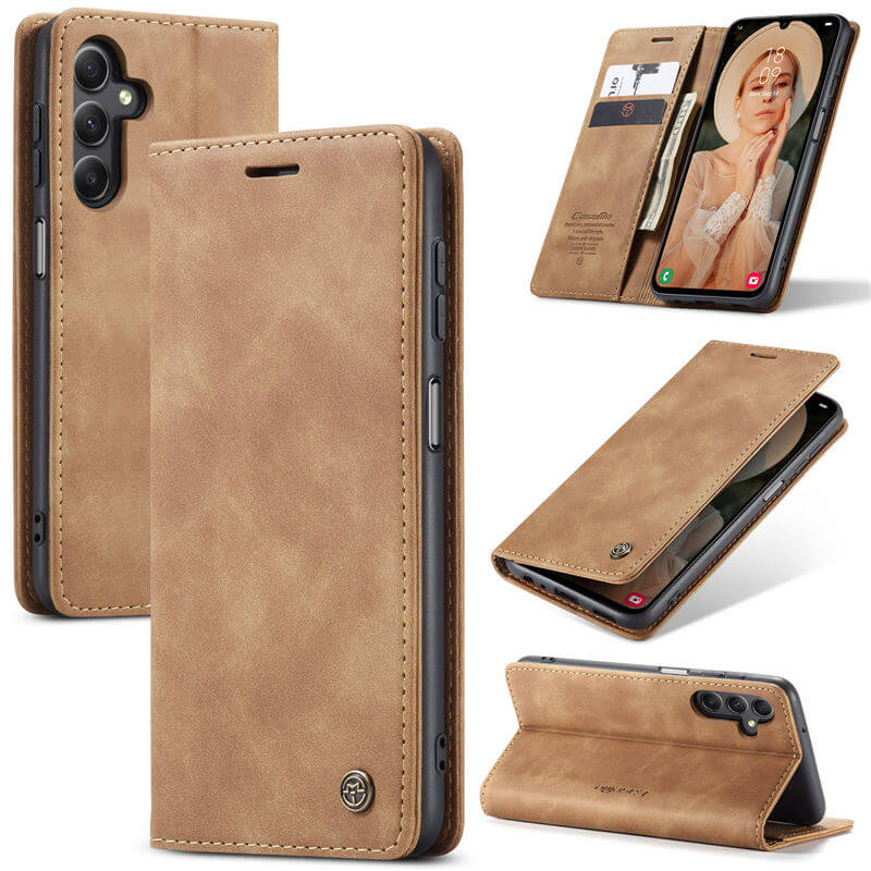 CaseMe Samsung Galaxy A15 Wallet Suede Leather Case Brown - Click Image to Close