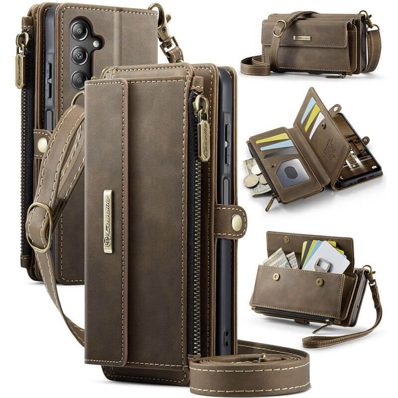 CaseMe Samsung Galaxy A15 Wallet Case – RFID Blocking Crossbody Bag with 9 Card Slots Coffee