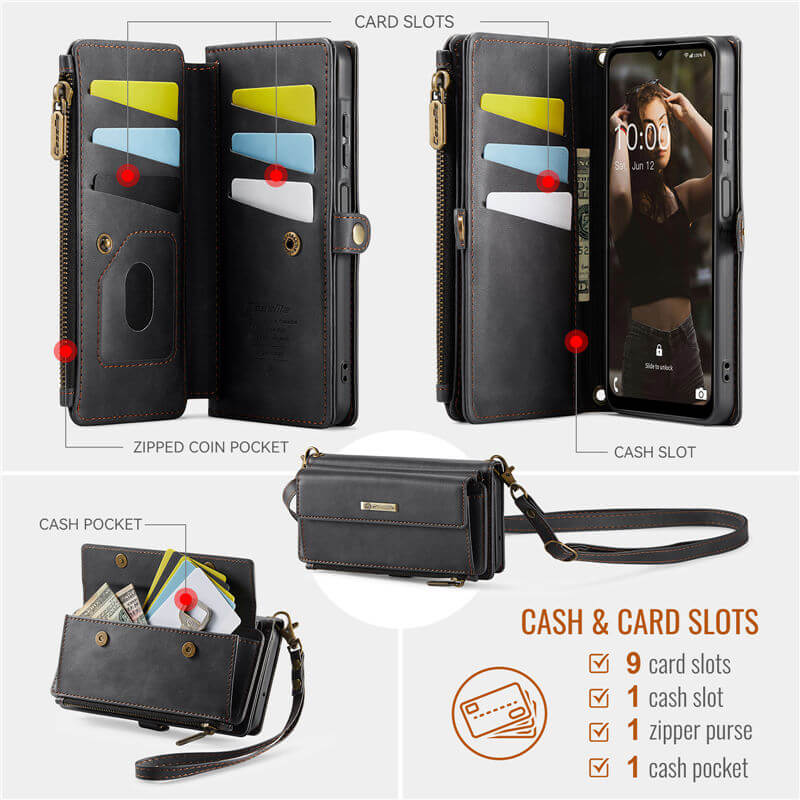 CaseMe Samsung Galaxy A16 5G Wallet Case – RFID Blocking, 9 Card Slots, Crossbody Strap