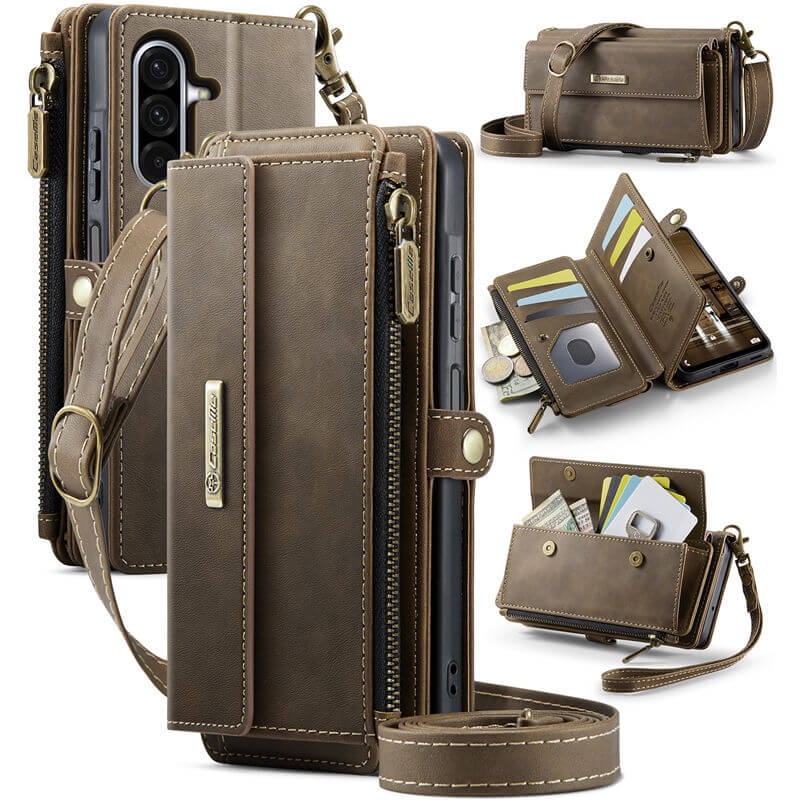 CaseMe Samsung Galaxy A17 Wallet Case with RFID Blocking, 9 Card Slots & Crossbody Strap Coffee
