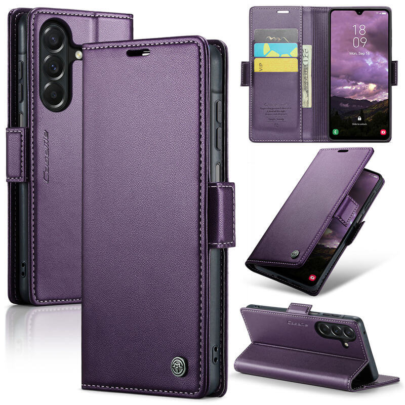 CaseMe Samsung Galaxy A27 Wallet RFID Blocking Magnetic Buckle Case Purple