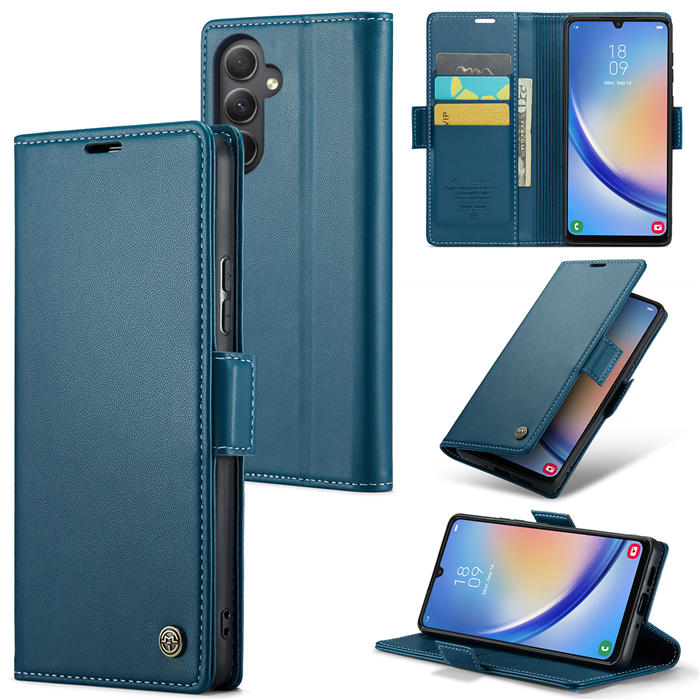 CaseMe Samsung Galaxy A34 5G Wallet RFID Blocking Magnetic Buckle Case Blue - Click Image to Close