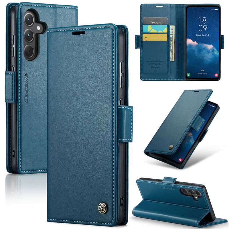 CaseMe Samsung Galaxy A35 Wallet RFID Blocking Magnetic Buckle Case Blue - Click Image to Close