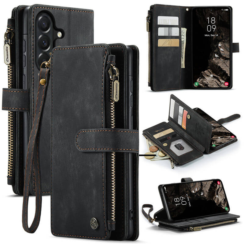 CaseMe Samsung Galaxy A37 Wallet kickstand Case with Wrist Strap Black