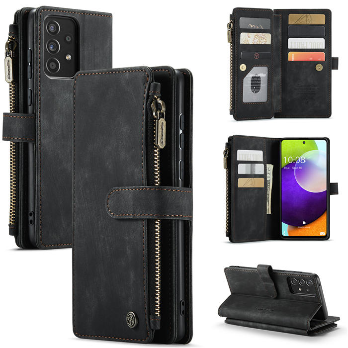 CaseMe Samsung Galaxy A52 5G Zipper Wallet Kickstand Case Black - Click Image to Close