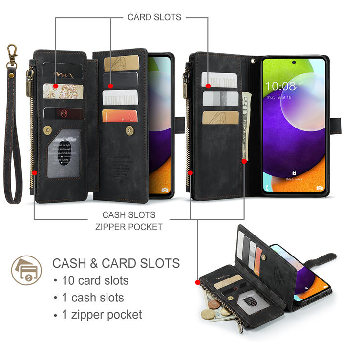 CaseMe Samsung Galaxy A52 5G Zipper Wallet Kickstand Case Black