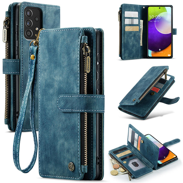 CaseMe Samsung Galaxy A52 5G Zipper Wallet Kickstand Case Blue - Click Image to Close