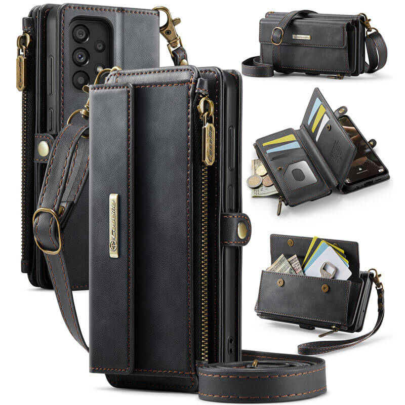 CaseMe Samsung Galaxy A52 Wallet Case – RFID Blocking Crossbody Bag with 9 Card Slots Black