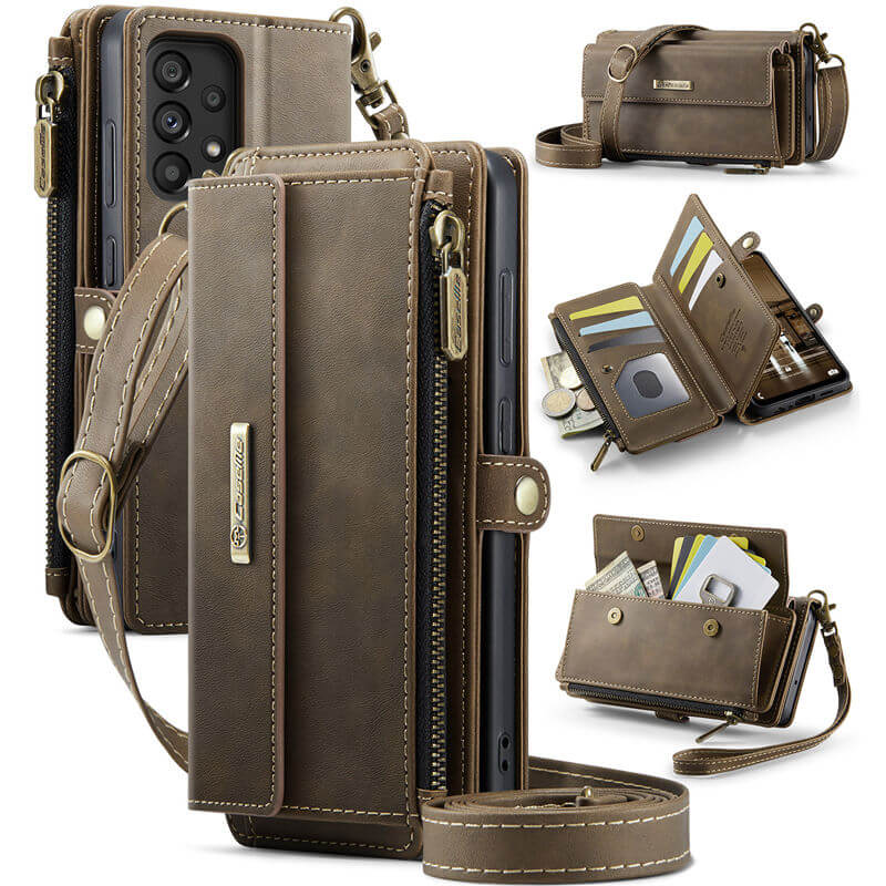 CaseMe Samsung Galaxy A52 Wallet Case – RFID Blocking Crossbody Bag with 9 Card Slots Coffee