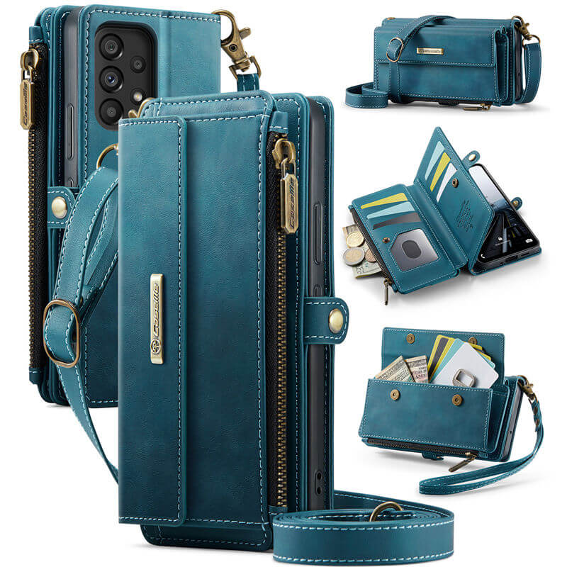 CaseMe Samsung Galaxy A53 5G Wallet Case – RFID Blocking Crossbody Bag with 9 Card Slots Blue