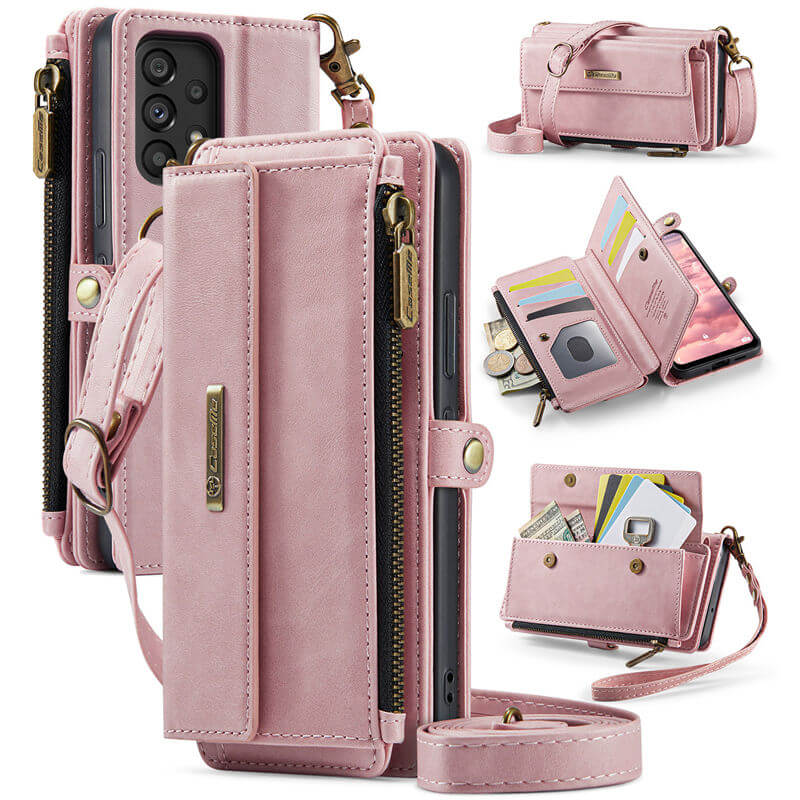 CaseMe Samsung Galaxy A53 5G Wallet Case – RFID Blocking Crossbody Bag with 9 Card Slots Pink