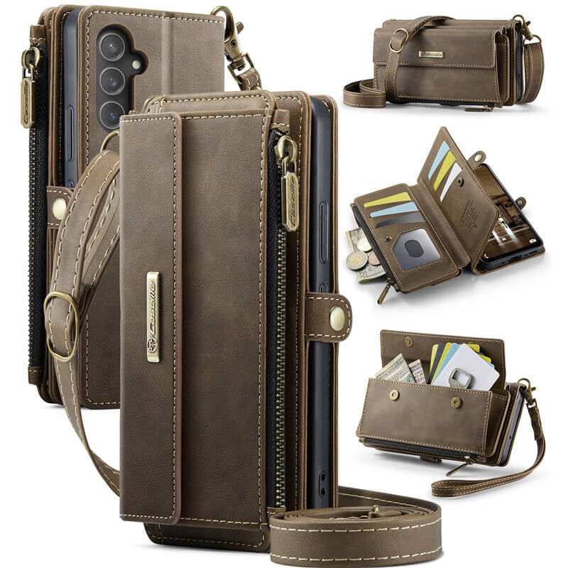 CaseMe Samsung Galaxy A54 5G Wallet Case – RFID Blocking Crossbody Bag with 9 Card Slots Coffee