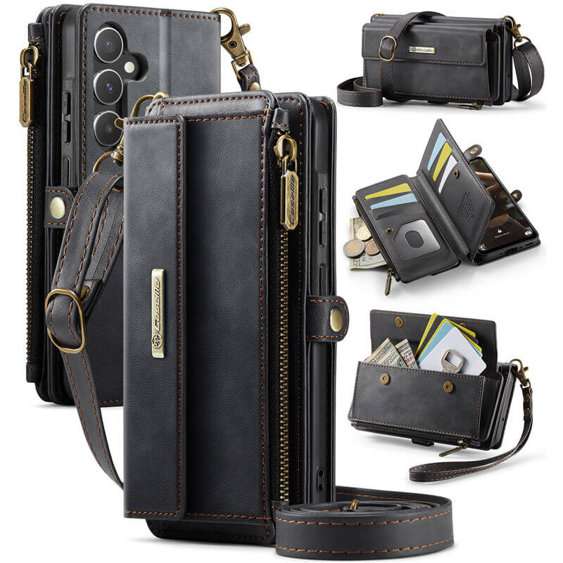 CaseMe Samsung Galaxy A55 Wallet Case – RFID Blocking Crossbody Bag with 9 Card Slots Black