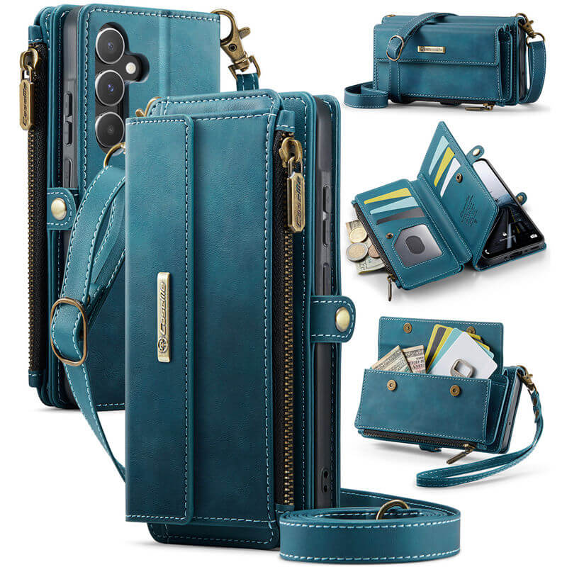 CaseMe Samsung Galaxy A55 Wallet Case – RFID Blocking Crossbody Bag with 9 Card Slots Blue