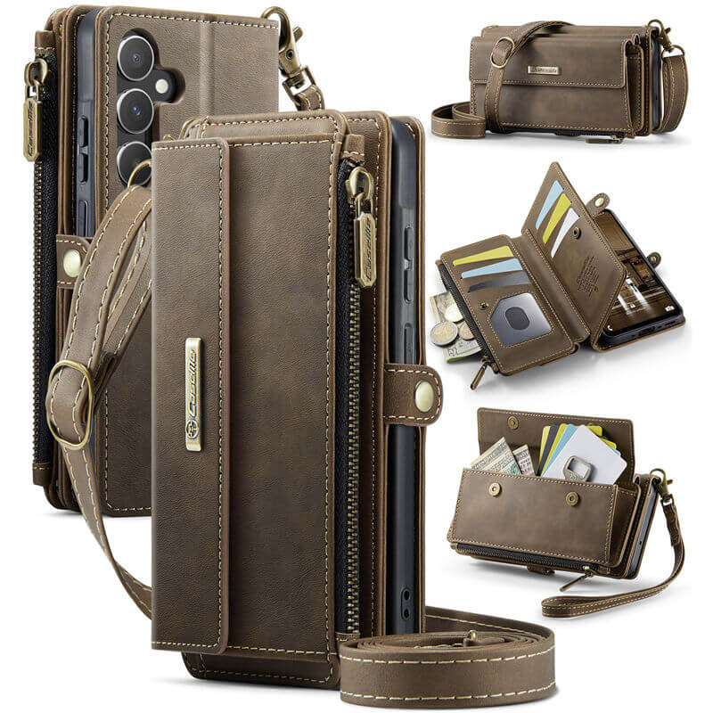 CaseMe Samsung Galaxy A55 Wallet Case – RFID Blocking Crossbody Bag with 9 Card Slots Coffee