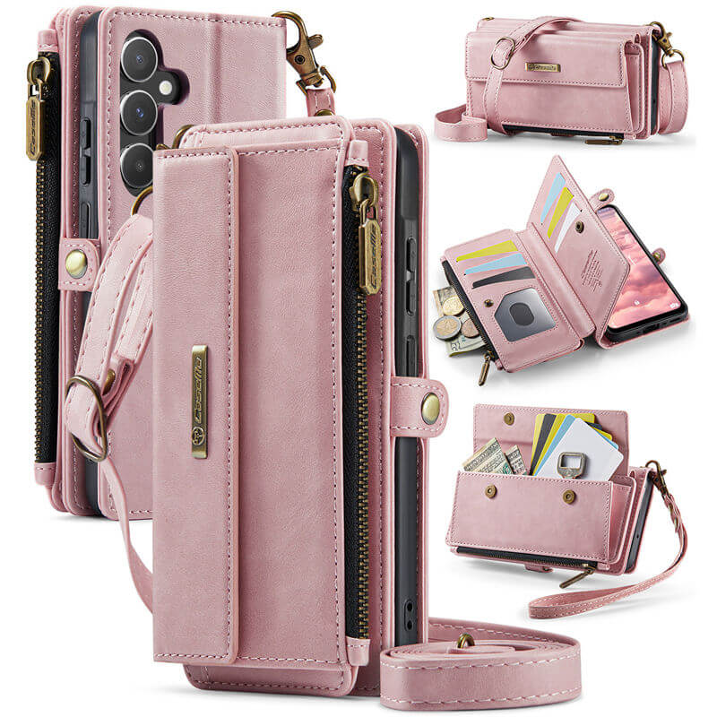 CaseMe Samsung Galaxy A55 Wallet Case – RFID Blocking Crossbody Bag with 9 Card Slots Pink