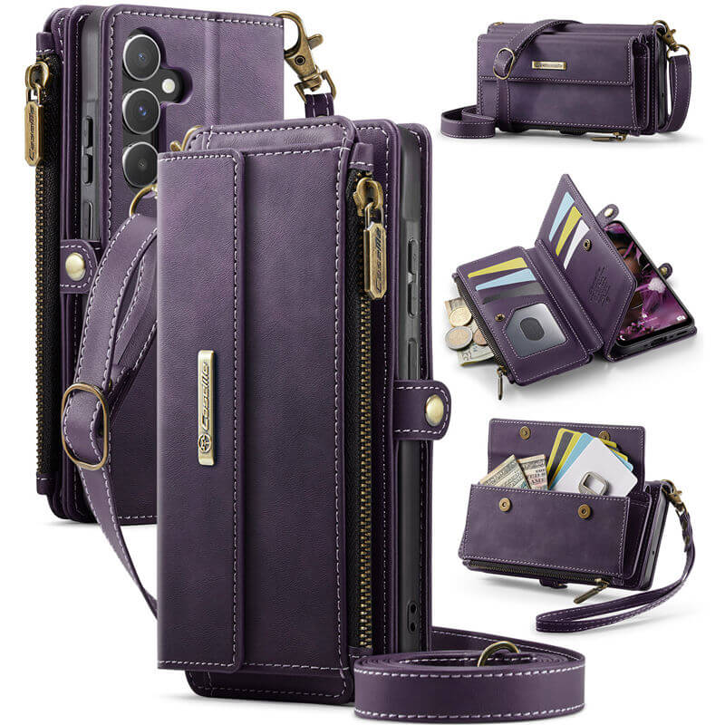 CaseMe Samsung Galaxy A55 Wallet Case – RFID Blocking Crossbody Bag with 9 Card Slots Purple