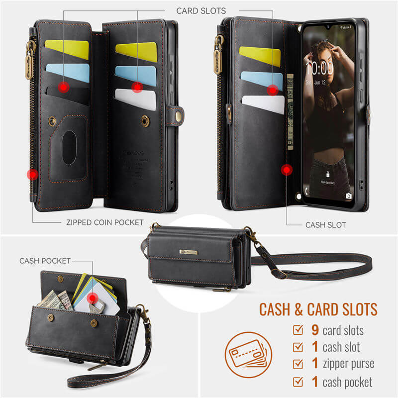 CaseMe Samsung Galaxy A55 Wallet Case – RFID Blocking, 9 Card Slots, Crossbody Strap