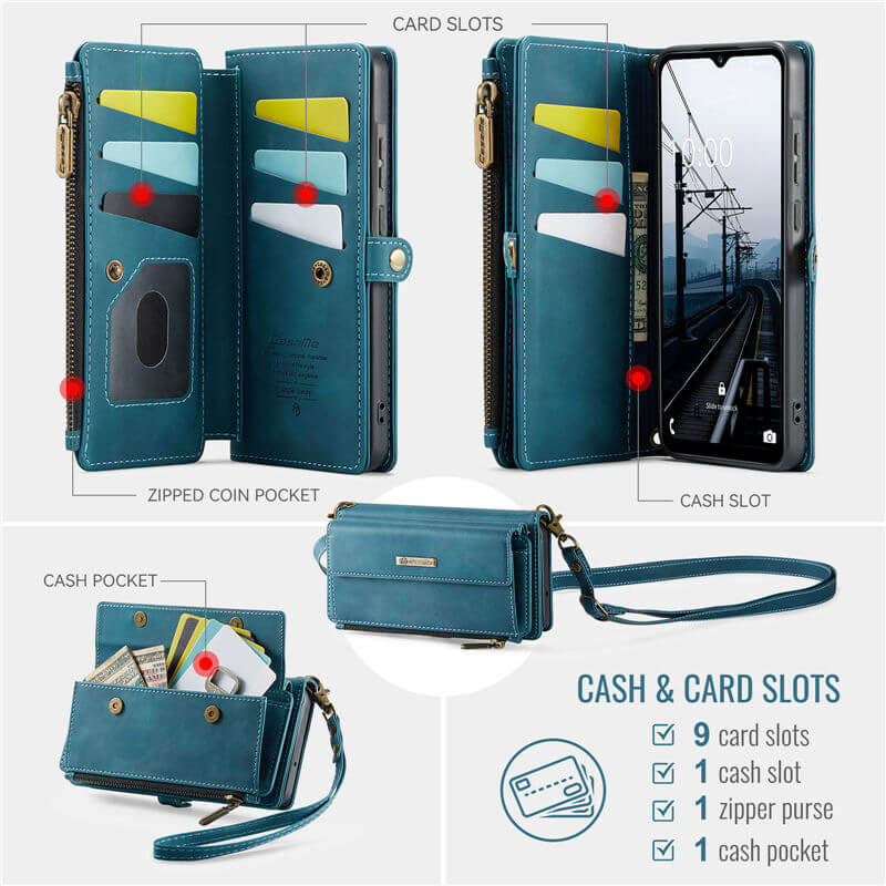 CaseMe Samsung Galaxy A55 Wallet Case – RFID Blocking, 9 Card Slots, Crossbody Strap