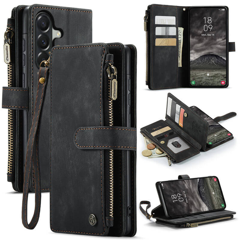 CaseMe Samsung Galaxy A57 Wallet kickstand Case with Wrist Strap Black