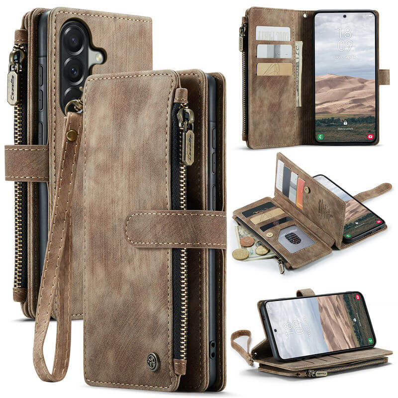 CaseMe Samsung Galaxy A57 Wallet kickstand Case with Wrist Strap Coffee