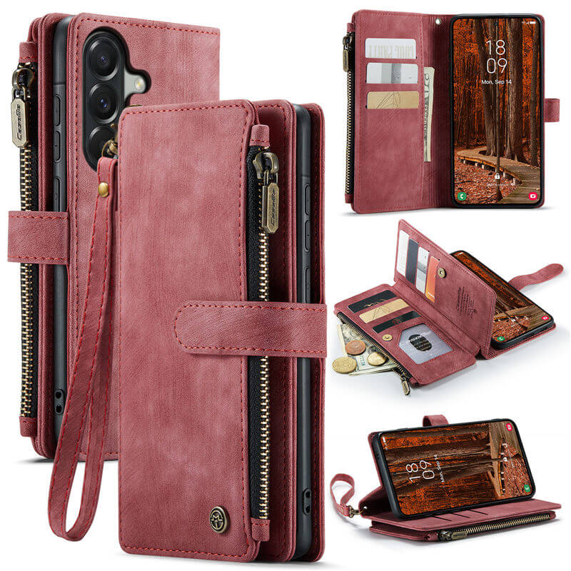 CaseMe Samsung Galaxy A57 Wallet kickstand Case with Wrist Strap Red