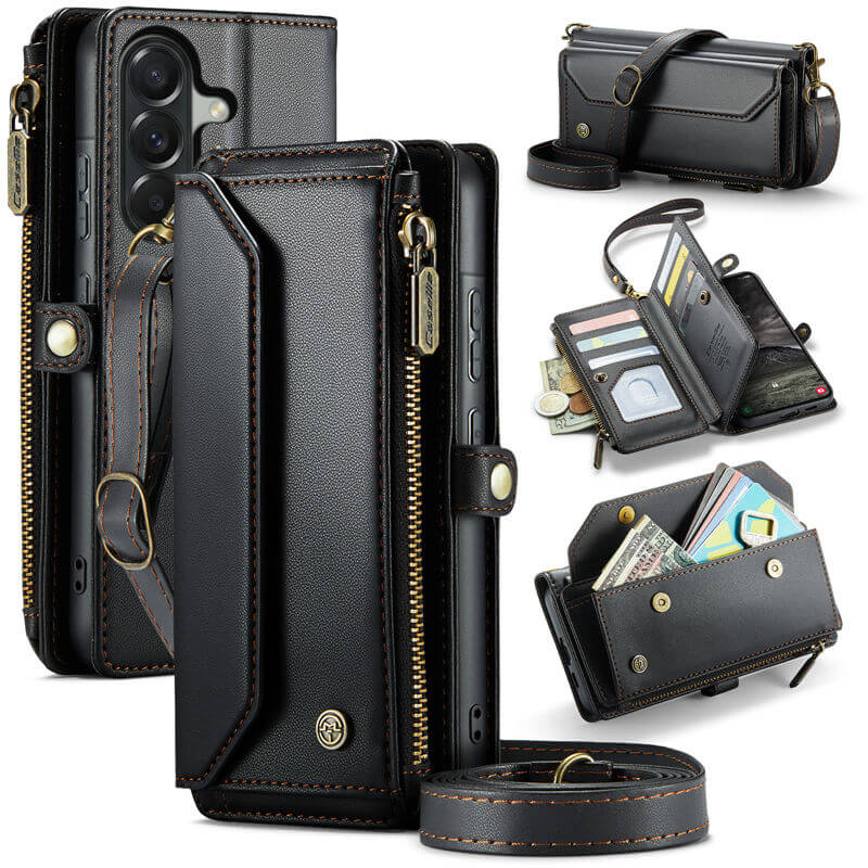 CaseMe Samsung Galaxy A57 RFID Blocking Wallet Case with Crossbody Strap Black