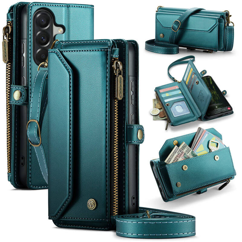 CaseMe Samsung Galaxy A57 RFID Blocking Wallet Case with Crossbody Strap Green