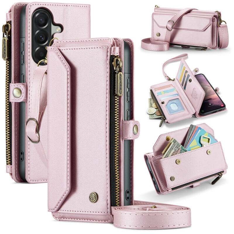 CaseMe Samsung Galaxy A57 RFID Blocking Wallet Case with Crossbody Strap Pink