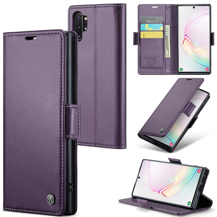 CaseMe Samsung Galaxy Note 10 Plus Wallet RFID Blocking Magnetic Buckle Case Purple - Click Image to Close