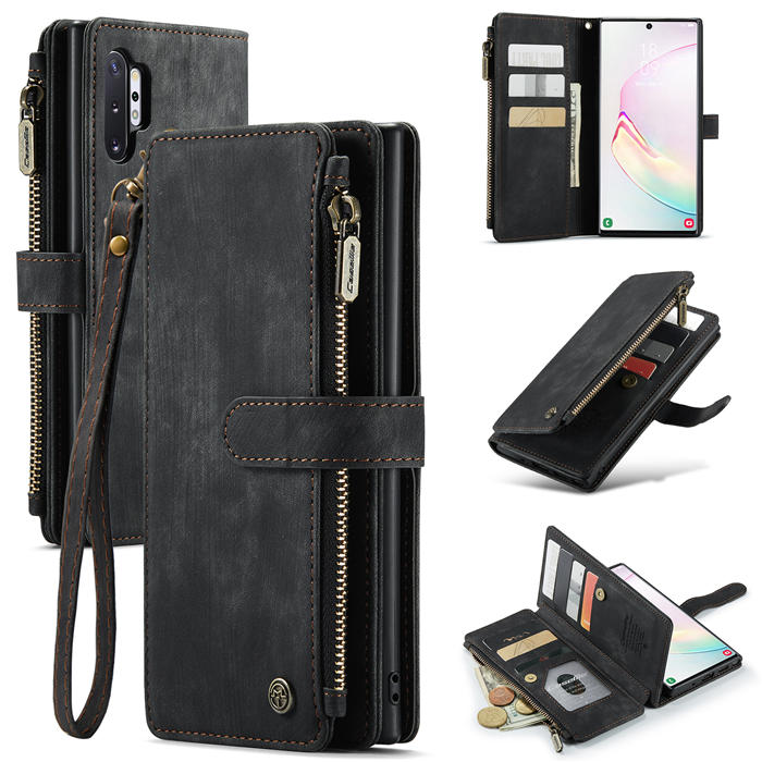 CaseMe Samsung Galaxy Note 10 Plus Zipper Wallet Kickstand Case Black - Click Image to Close