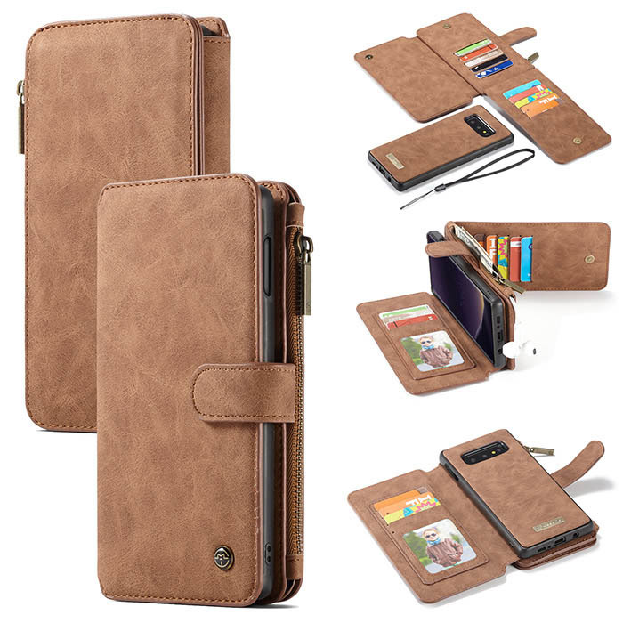 CaseMe Samsung Galaxy S10e Zipper Wallet Magnetic Detachable 2 in 1 Folio Flip Case Brown