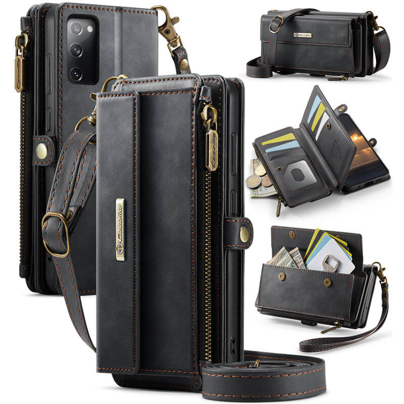 CaseMe Samsung Galaxy S20 FE Wallet Case – RFID Blocking Crossbody Bag with 9 Card Slots & Wireless Charging Black