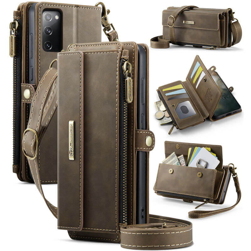 CaseMe Samsung Galaxy S20 FE Wallet Case – RFID Blocking Crossbody Bag with 9 Card Slots & Wireless Charging Coffee