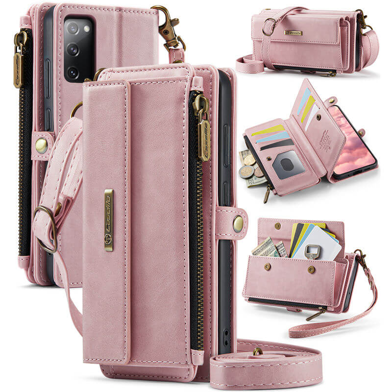 CaseMe Samsung Galaxy S20 FE Wallet Case – RFID Blocking Crossbody Bag with 9 Card Slots & Wireless Charging Pink