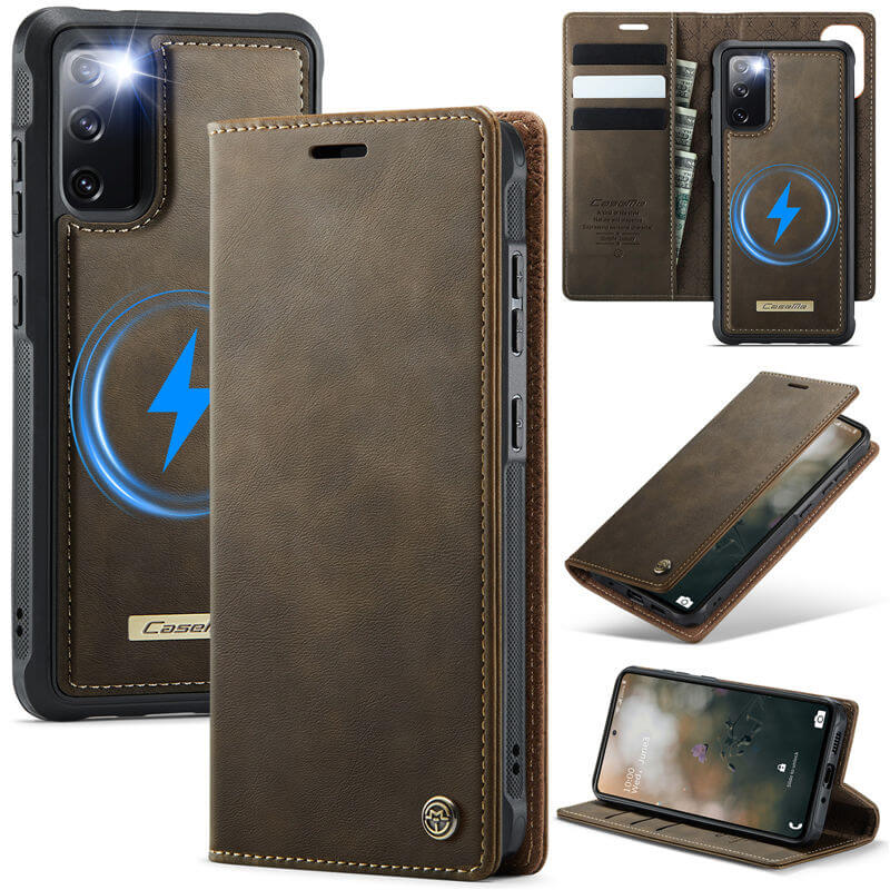 CaseMe Samsung Galaxy S20 FE 2-in-1 Magnetic Wallet Case – Wireless Charging & RFID Blocking Coffee