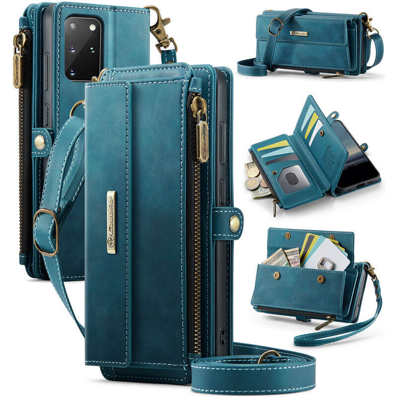 CaseMe Samsung Galaxy S20 Plus Wallet Case – RFID Blocking Crossbody Bag with 9 Card Slots & Wireless Charging Blue