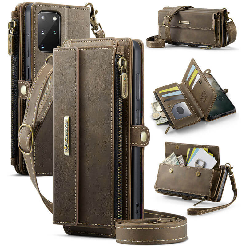 CaseMe Samsung Galaxy S20 Plus Wallet Case – RFID Blocking Crossbody Bag with 9 Card Slots & Wireless Charging Coffee