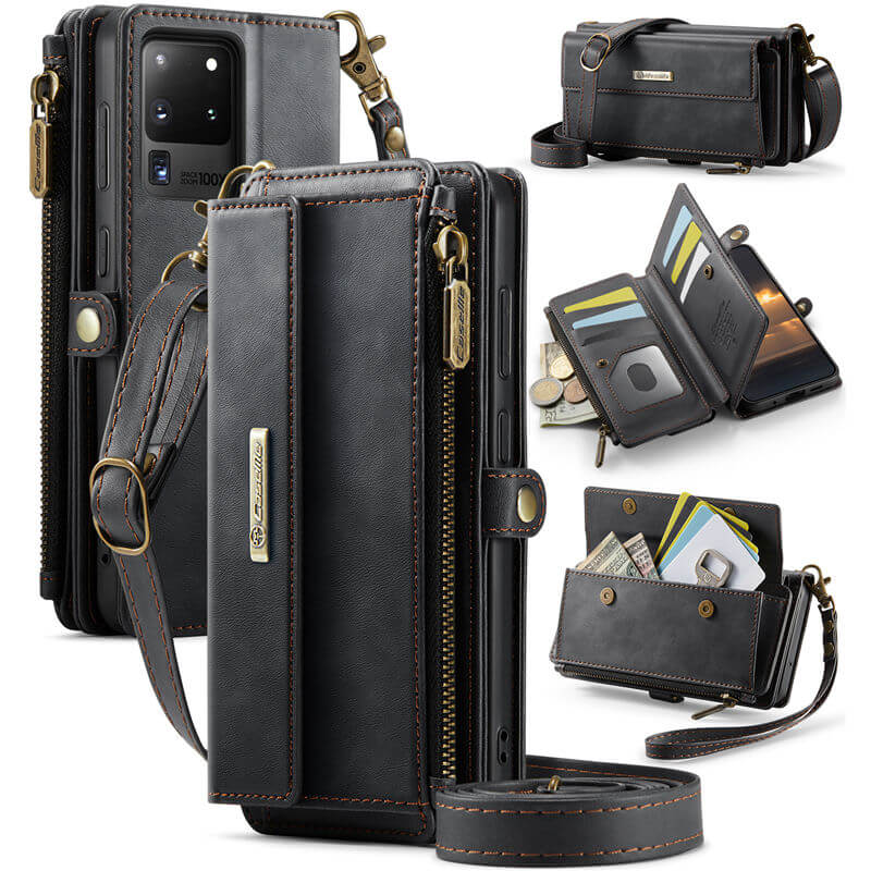 CaseMe Samsung Galaxy S20 Ultra Wallet Case – RFID Blocking Crossbody Bag with 9 Card Slots & Wireless Charging Black